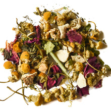 Load image into Gallery viewer, organic sleep and relaxation tea with chamomile passionflower orange peel peppermint rose petals