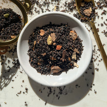 Load image into Gallery viewer, organic spiced chai with cardamon, cinanmon, cloves, dried ginger, star anise, black pepper corns