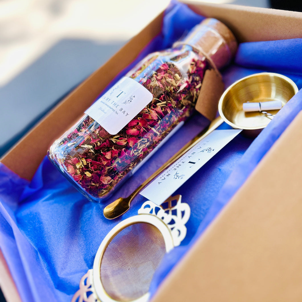 Lux gift box with filigree tea strainer and tea spoon $54.95