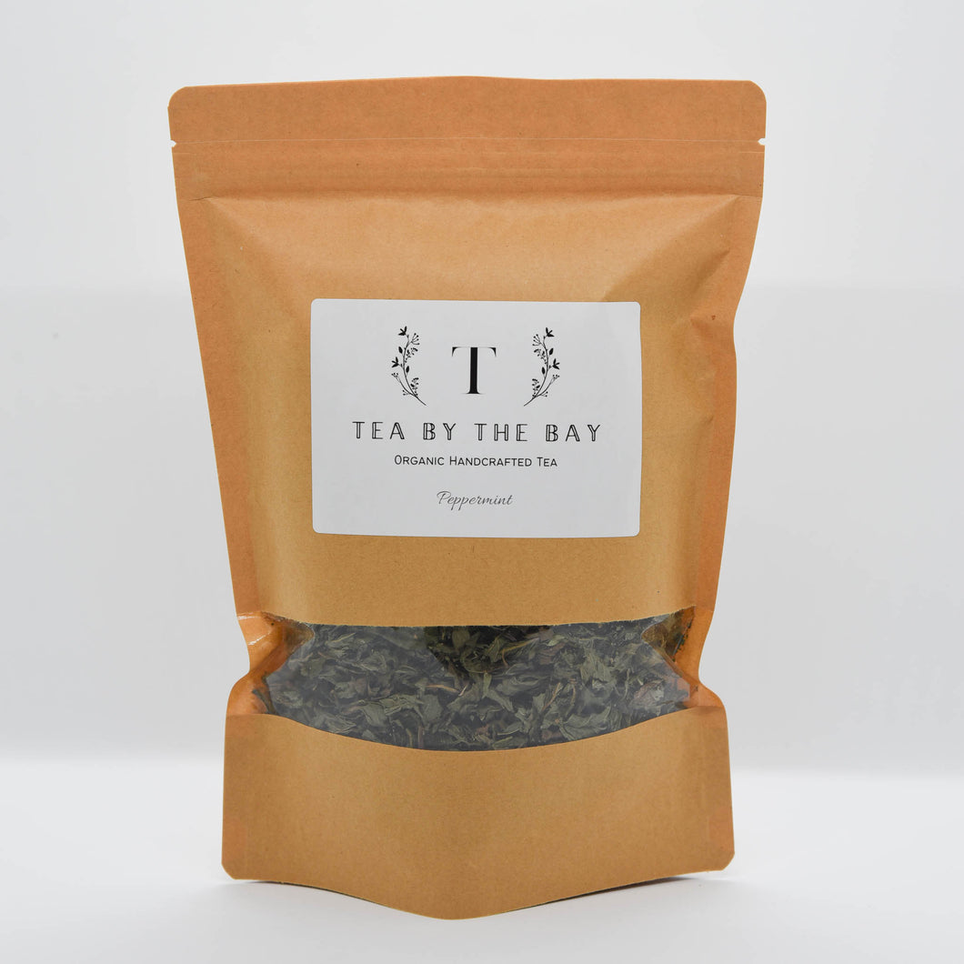 A pouch containing organic peppermint loose leaf tea from teabythebay.com.au